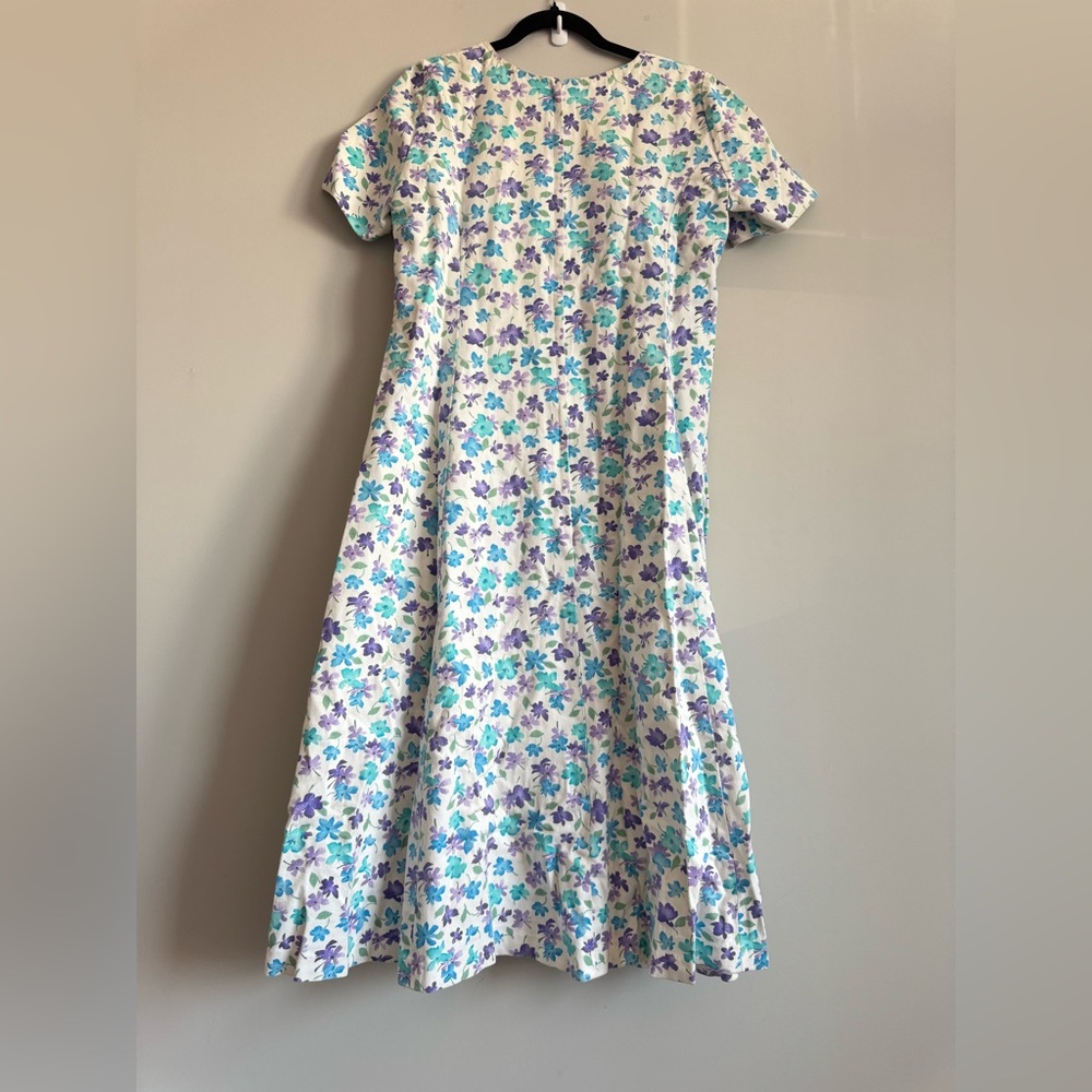 Vintage 60’s Handmade Blue Purple White Floral Cotton Twill Denim Midi Dress - Picture 2 of 5